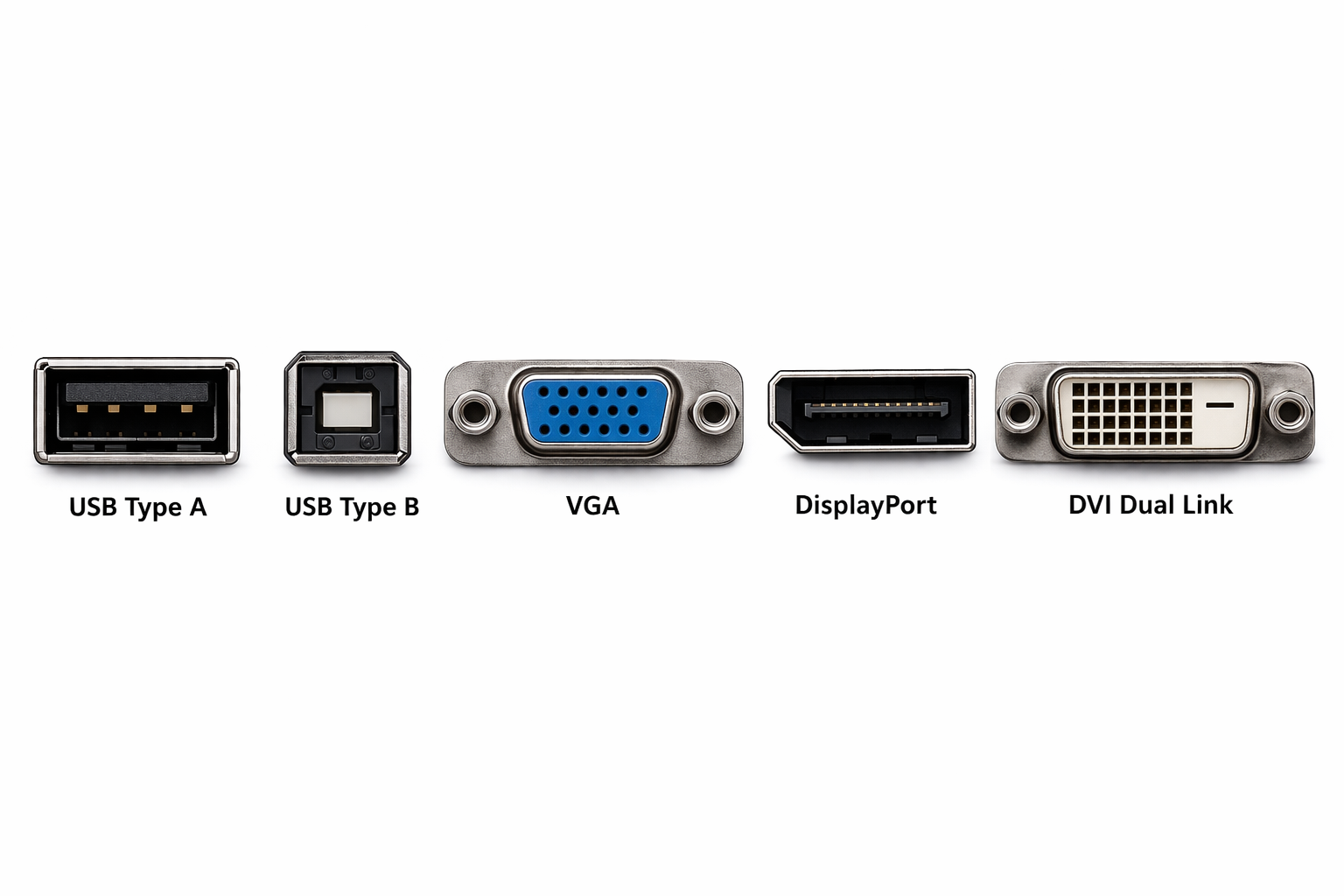 Von links nach rechts: USB Typ A, USB Typ B, VGA, DisplayPort, DVI (Dual-Link)